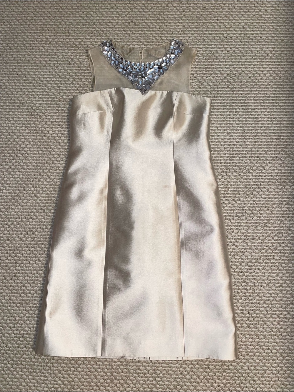 Teri Jon by Rickie Freeman silk cocktail dress champagn size 8 rhinestone collar